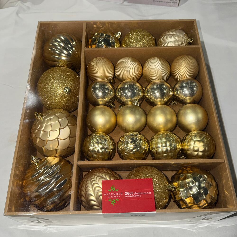 26 Count Gold Christmas Tree Ornaments Shatterproof, Assorted Sizes